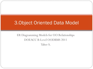 ER Diagramming Models for OO Relationships DOEACC B-Level OODBMS 2011 Taher S. 3.Object Oriented Data Model 