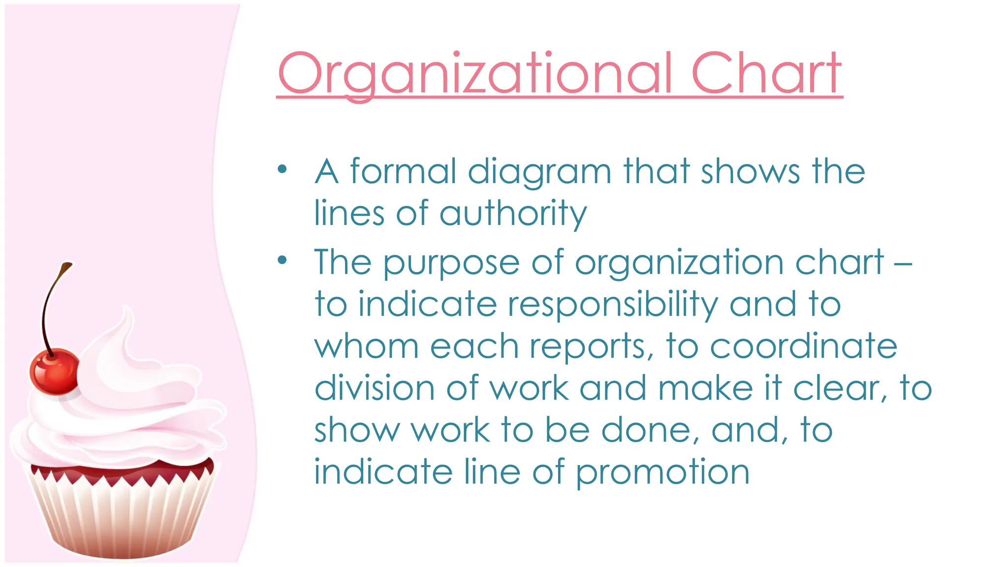 Organizational Chart
• A formal diagram that shows the
lines of authority
• The purpose of organization chart –
to indicate responsibility and to
whom each reports, to coordinate
division of work and make it clear, to
show work to be done, and, to
indicate line of promotion
 