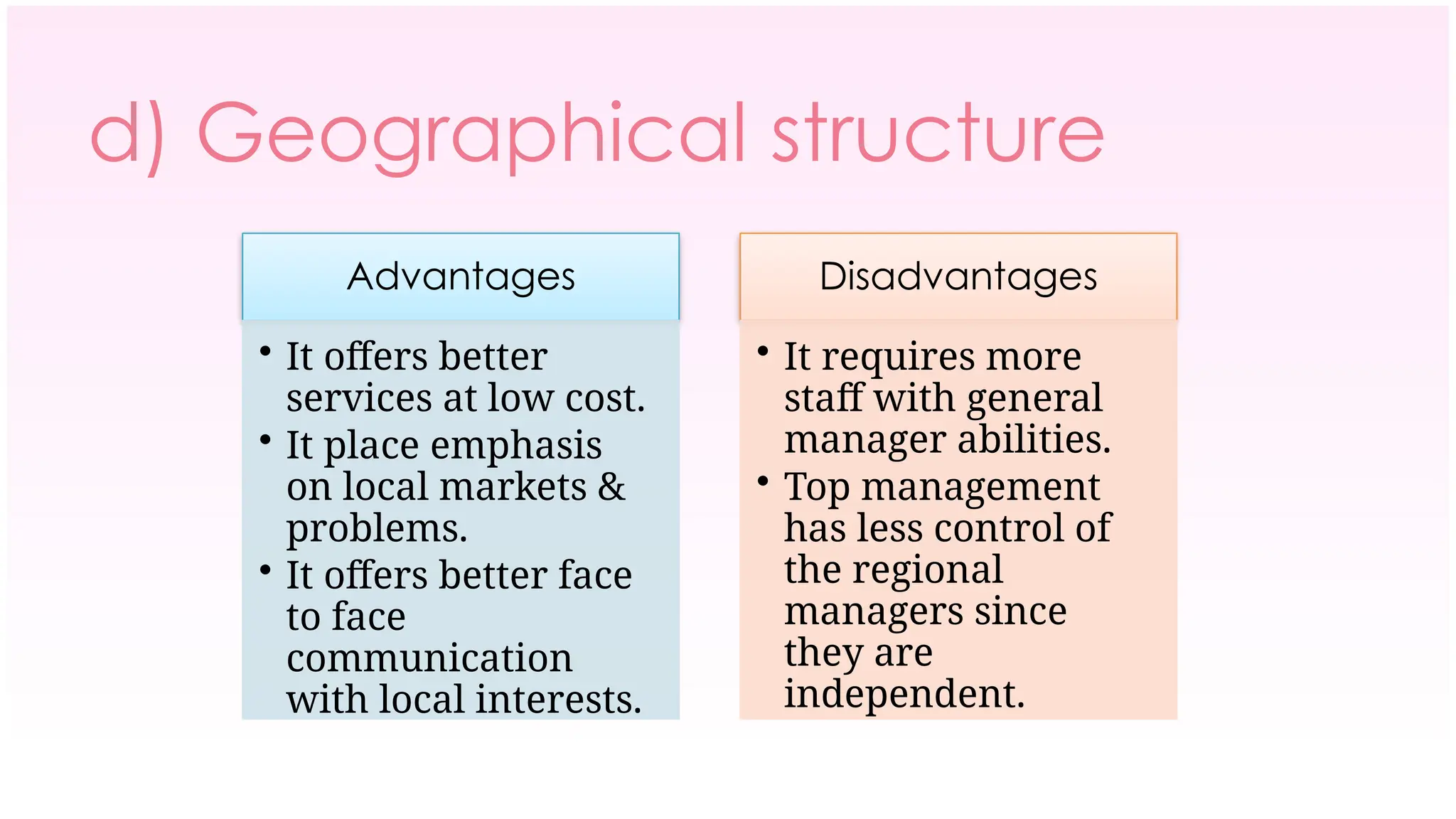 d) Geographical structure
Advantages
• It offers better
services at low cost.
• It place emphasis
on local markets &
problems.
• It offers better face
to face
communication
with local interests.
Disadvantages
• It requires more
staff with general
manager abilities.
• Top management
has less control of
the regional
managers since
they are
independent.
 