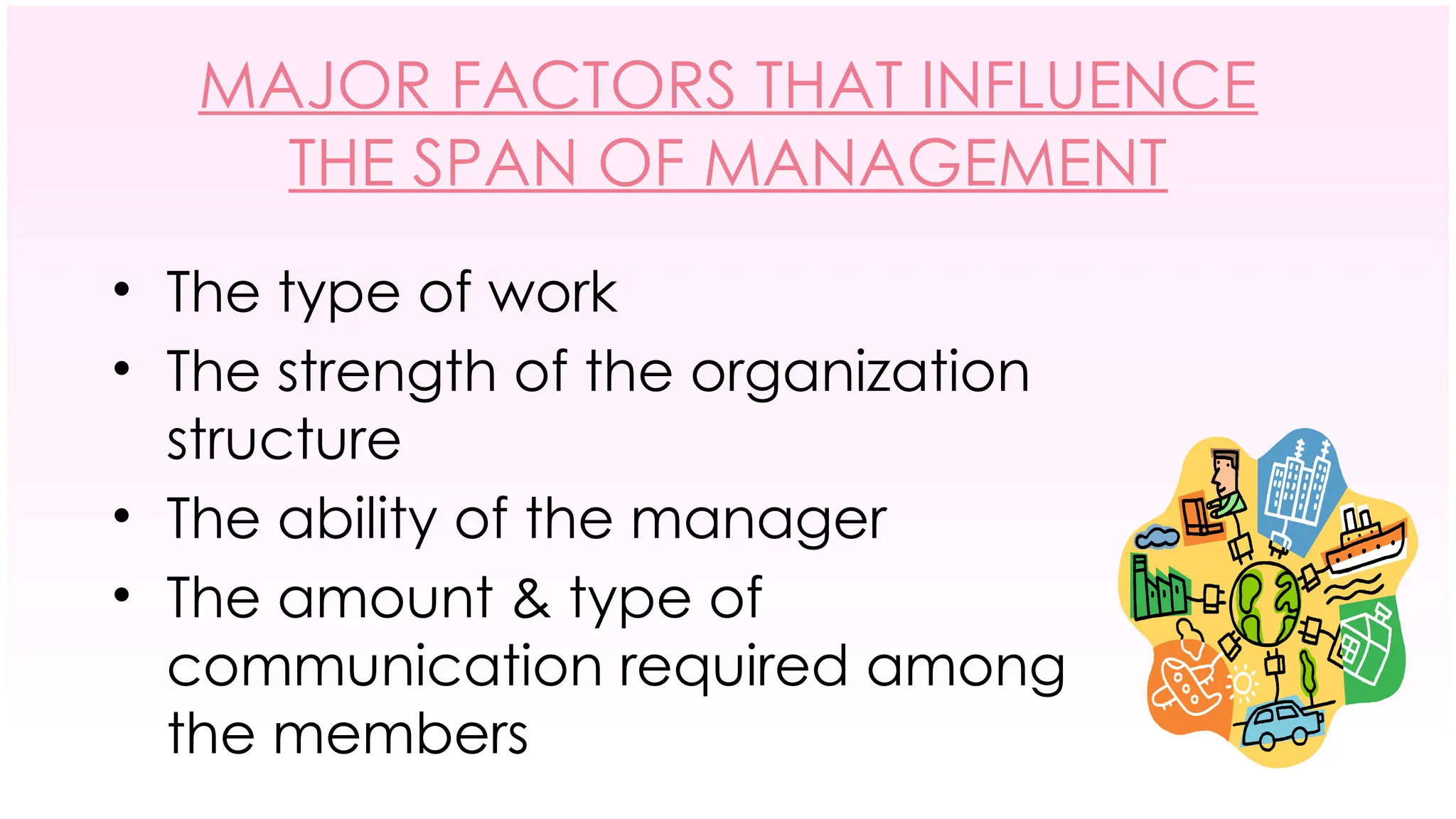MAJOR FACTORS THAT INFLUENCE
THE SPAN OF MANAGEMENT
• The type of work
• The strength of the organization
structure
• The ability of the manager
• The amount & type of
communication required among
the members
 