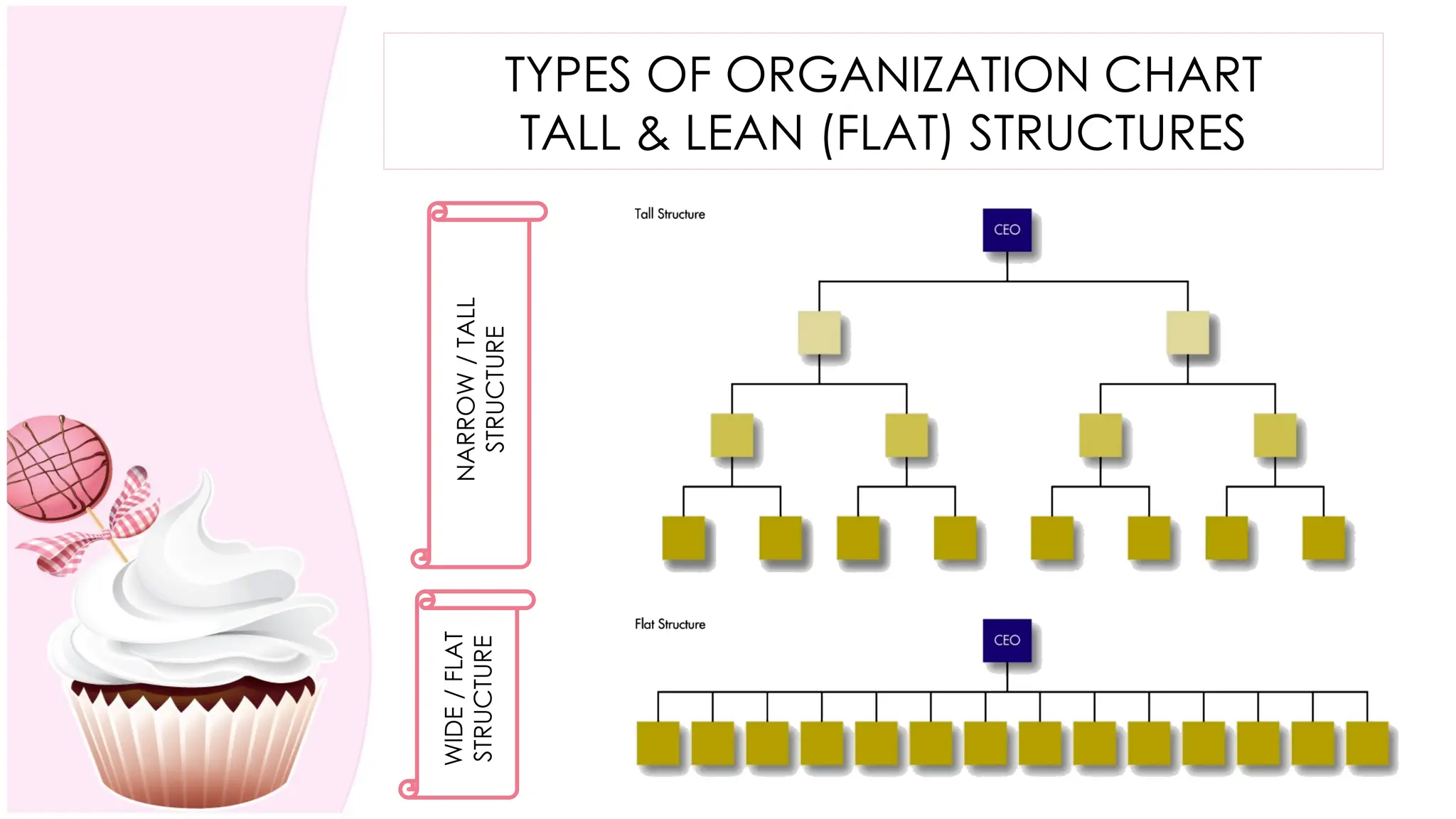 TYPES OF ORGANIZATION CHART
TALL & LEAN (FLAT) STRUCTURES
NARROW
/
TALL
STRUCTURE
WIDE
/
FLAT
STRUCTURE
 
