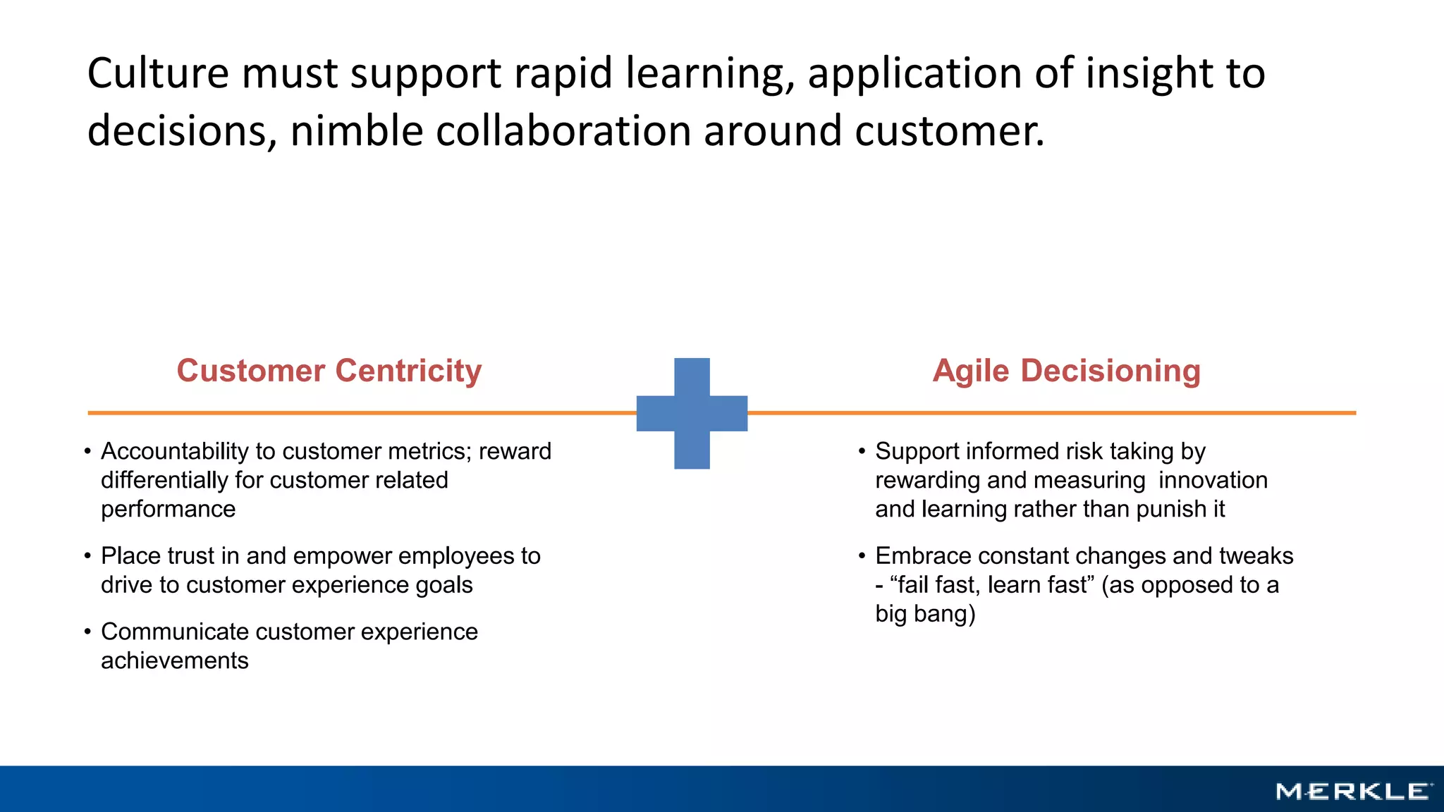 Culture must support rapid learning, application of insight to
decisions, nimble collaboration around customer.
• Accountability to customer metrics; reward
differentially for customer related
performance
• Place trust in and empower employees to
drive to customer experience goals
• Communicate customer experience
achievements
Customer Centricity
• Support informed risk taking by
rewarding and measuring innovation
and learning rather than punish it
• Embrace constant changes and tweaks
- “fail fast, learn fast” (as opposed to a
big bang)
Agile Decisioning
 