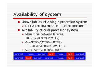 Availability of system
Unavailability of a single processor system
U=1-A=MTTR/(MTBF+MTTR)≈MTTR/MTBF
Availability of dual processor system
Mean time between failures
MTBFD=MTBF2/(2*MTTR)
AD=MTBFD/(MTBFD+MTTR)
=MTBF2/(MTBF2+2MTTR2)
UD=1-AD≈ 2MTTR2/MTBF2
normal faultnormal normal normal normalfault
normal fault normalnormal normal normalfault
 