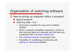 Organization of switching software
How to string up modules within a process?
Special program
Chaining table（链表）
Each entry consists of a key and a module
number
When a module completes execution, entries in
the chaining table are scanned and the keys are
compared with a function status key.
The matched module is executed next.
Flexibility for modifying a functional unit:
adding or removing modules.
 