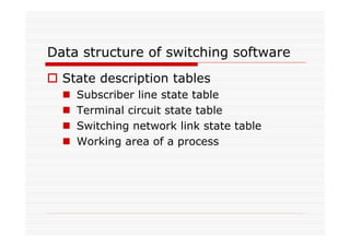 Data structure of switching software
State description tables
Subscriber line state table
Terminal circuit state table
Switching network link state table
Working area of a process
 
