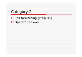Category 2
Call forwarding (呼叫前转)
Operator answer
 