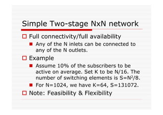 Simple Two-stage NxN network
Full connectivity/full availability
Any of the N inlets can be connected to
any of the N outlets.
Example
Assume 10% of the subscribers to be
active on average. Set K to be N/16. The
number of switching elements is S=N2/8.
For N=1024, we have K=64, S=131072.
Note: Feasibility & Flexibility
 