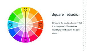 Square Tetradic
• Similar to the triadic scheme in that
it is composed of four colors
equally spaced around the color
wheel
 