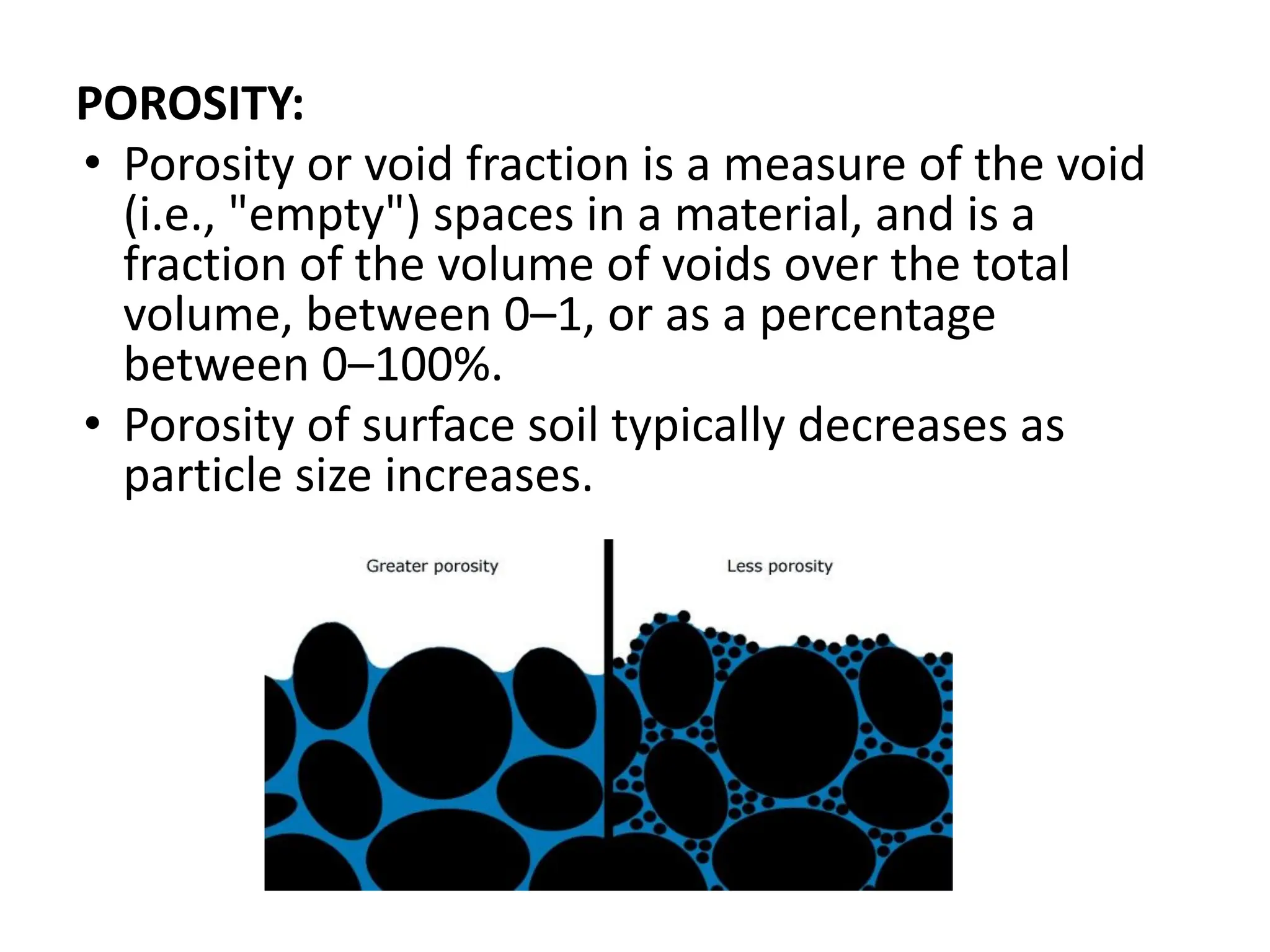 POROSITY:
• Porosity or void fraction is a measure of the void
(i.e., "empty") spaces in a material, and is a
fraction of the volume of voids over the total
volume, between 0–1, or as a percentage
between 0–100%.
• Porosity of surface soil typically decreases as
particle size increases.
 