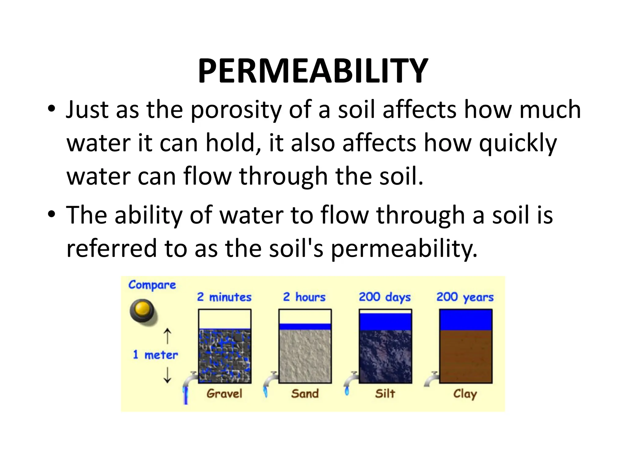 PERMEABILITY
• Just as the porosity of a soil affects how much
water it can hold, it also affects how quickly
water can flow through the soil.
• The ability of water to flow through a soil is
referred to as the soil's permeability.
 