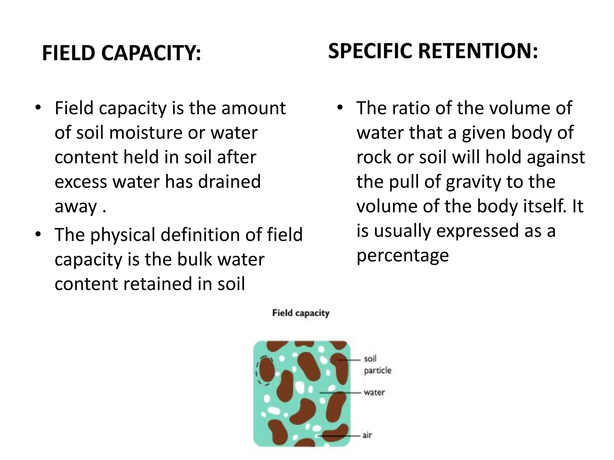 SPECIFIC RETENTION:
• The ratio of the volume of
water that a given body of
rock or soil will hold against
the pull of gravity to the
volume of the body itself. It
is usually expressed as a
percentage
FIELD CAPACITY:
• Field capacity is the amount
of soil moisture or water
content held in soil after
excess water has drained
away .
• The physical definition of field
capacity is the bulk water
content retained in soil
 
