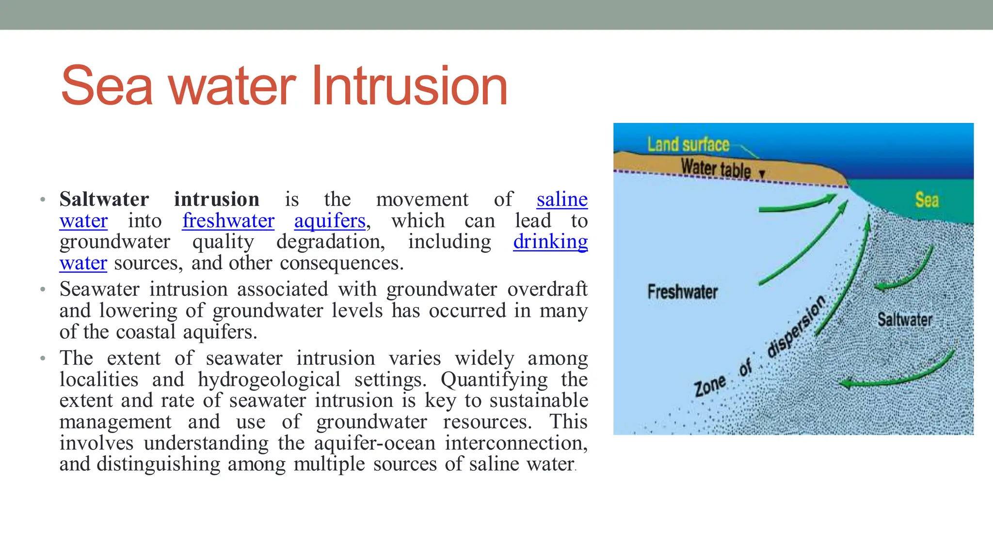 Sea water Intrusion
• Saltwater intrusion is the movement of saline
water into freshwater aquifers, which can lead to
groundwater quality degradation, including drinking
water sources, and other consequences.
• Seawater intrusion associated with groundwater overdraft
and lowering of groundwater levels has occurred in many
of the coastal aquifers.
• The extent of seawater intrusion varies widely among
localities and hydrogeological settings. Quantifying the
extent and rate of seawater intrusion is key to sustainable
management and use of groundwater resources. This
involves understanding the aquifer-ocean interconnection,
and distinguishing among multiple sources of saline water.
 