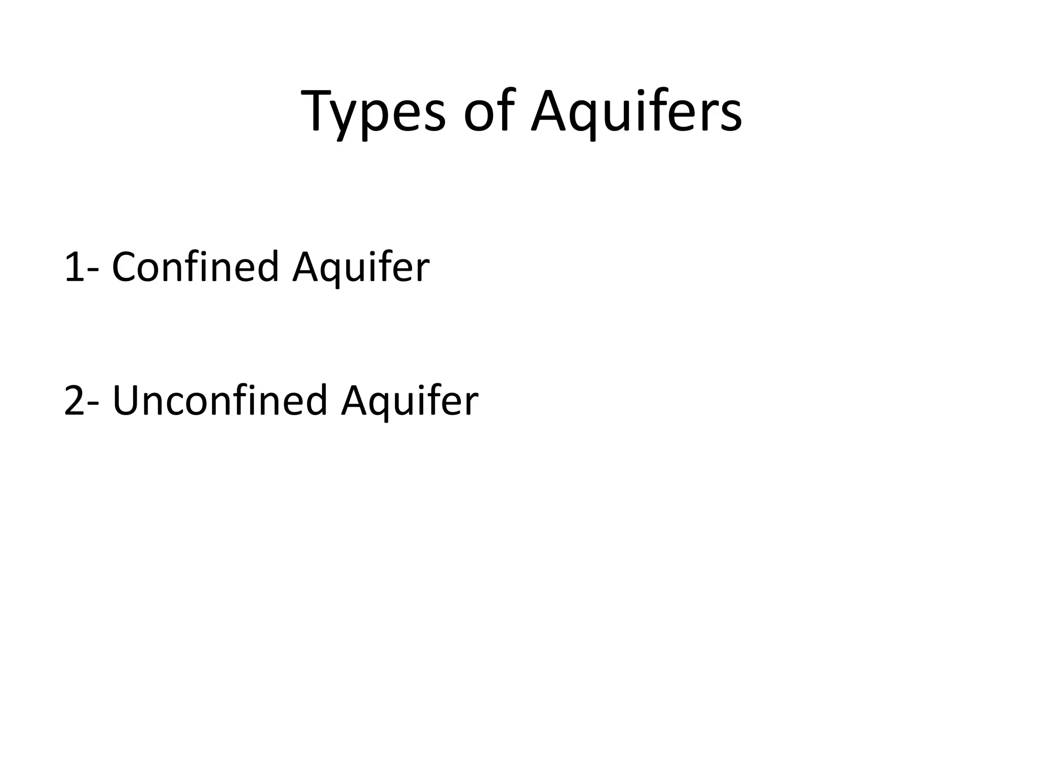 Types of Aquifers
1- Confined Aquifer
2- Unconfined Aquifer
 