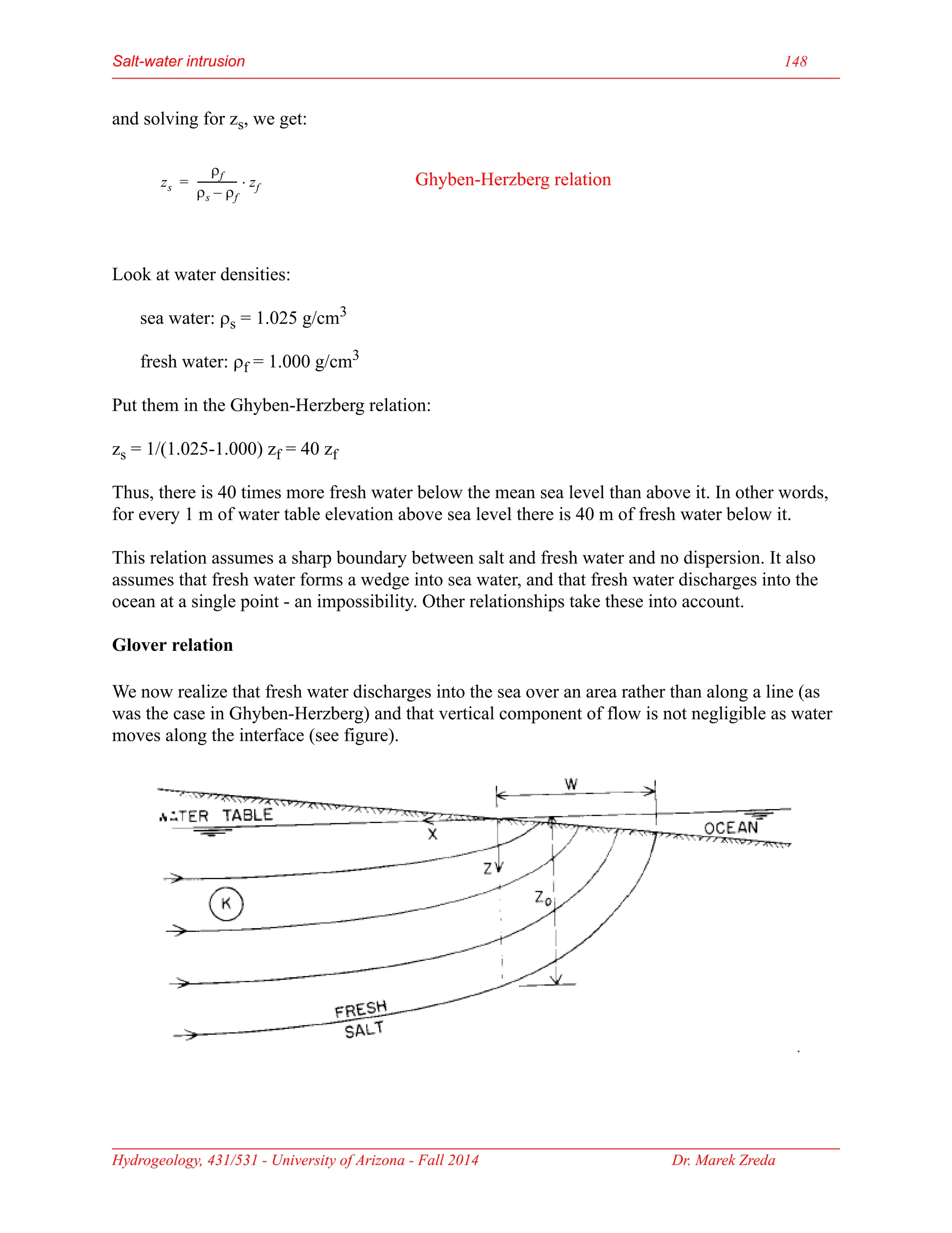 Salt-water intrusion 148
Hydrogeology, 431/531 - University of Arizona - Fall 2014 Dr. Marek Zreda
and solving for zs, we get:
Look at water densities:
sea water: ρs = 1.025 g/cm3
fresh water: ρf = 1.000 g/cm3
Put them in the Ghyben-Herzberg relation:
zs = 1/(1.025-1.000) zf = 40 zf
Thus, there is 40 times more fresh water below the mean sea level than above it. In other words,
for every 1 m of water table elevation above sea level there is 40 m of fresh water below it.
This relation assumes a sharp boundary between salt and fresh water and no dispersion. It also
assumes that fresh water forms a wedge into sea water, and that fresh water discharges into the
ocean at a single point - an impossibility. Other relationships take these into account.
Glover relation
We now realize that fresh water discharges into the sea over an area rather than along a line (as
was the case in Ghyben-Herzberg) and that vertical component of flow is not negligible as water
moves along the interface (see figure).
zs
ρf
ρs ρf
–
--------------- zf
⋅
= Ghyben-Herzberg relation
 