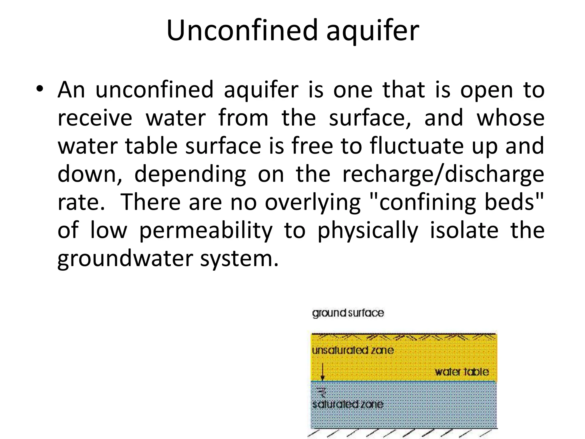 Unconfined aquifer
• An unconfined aquifer is one that is open to
receive water from the surface, and whose
water table surface is free to fluctuate up and
down, depending on the recharge/discharge
rate. There are no overlying "confining beds"
of low permeability to physically isolate the
groundwater system.
 