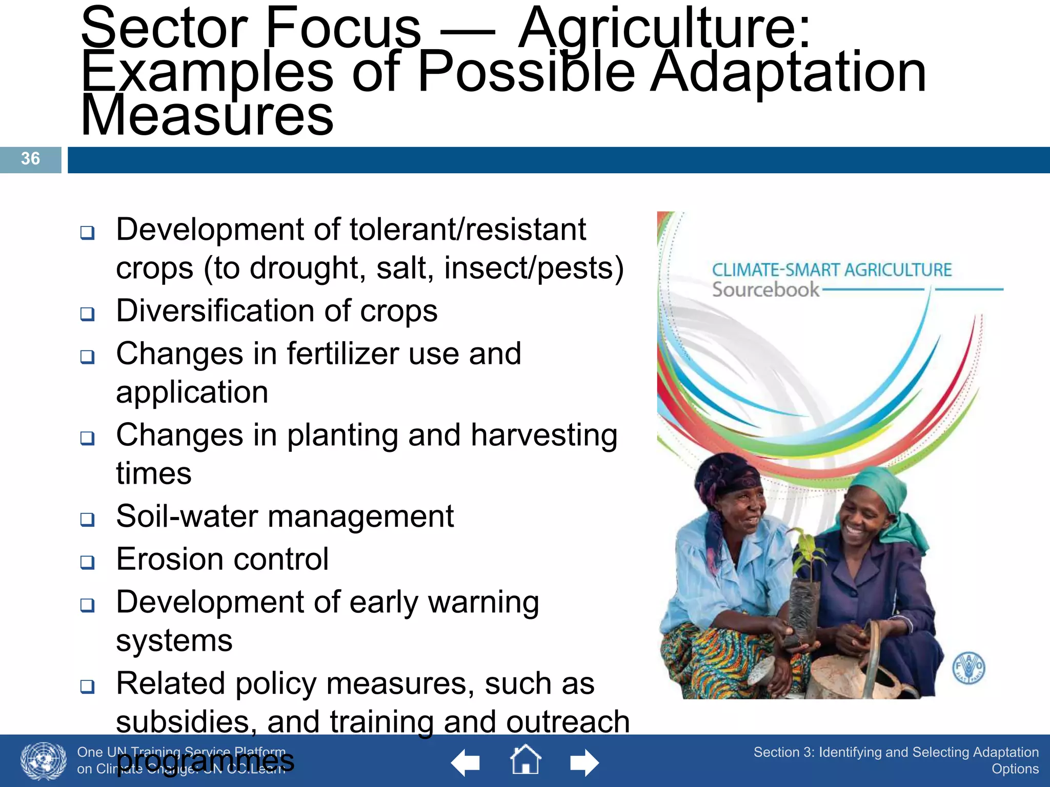 One UN Training Service Platform 
on Climate Change: UN CC:Learn 
Section 3: Identifying and Selecting Adaptation 
Options 
Sector Focus ― Agriculture: 
Examples of Possible Adaptation 
Measures 
 Development of tolerant/resistant 
crops (to drought, salt, insect/pests) 
 Diversification of crops 
 Changes in fertilizer use and 
application 
 Changes in planting and harvesting 
times 
 Soil-water management 
 Erosion control 
 Development of early warning 
systems 
 Related policy measures, such as 
subsidies, and training and outreach 
programmes 
36 
 