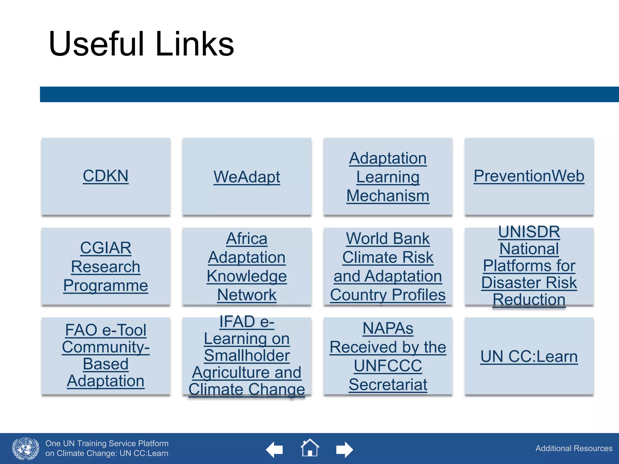 Useful Links 
CDKN WeAdapt 
One UN Training Service Platform 
on Climate Change: UN CC:Learn 
Adaptation 
Learning 
Mechanism 
PreventionWeb 
CGIAR 
Research 
Programme 
Africa 
Adaptation 
Knowledge 
Network 
World Bank 
Climate Risk 
and Adaptation 
Country Profiles 
UNISDR 
National 
Platforms for 
Disaster Risk 
Reduction 
FAO e-Tool 
Community- 
Based 
Adaptation 
IFAD e- 
Learning on 
Smallholder 
Agriculture and 
Climate Change 
NAPAs 
Received by the 
UNFCCC 
Secretariat 
UN CC:Learn 
Additional Resources 
61 
 
