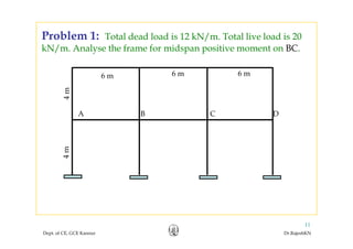 Problem 1: Total dead load is 12 kN/m. Total live load is 20ob e : N/
kN/m. Analyse the frame for midspan positive moment on BC.
4m
6 m 6 m 6 m
B C DA
4m4m
Dept. of CE, GCE Kannur Dr.RajeshKN
11
 