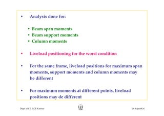 • Analysis done for:y
• Beam span moments
• Beam support moments
• Column moments
• Liveload positioning for the worst condition
• For the same frame, liveload positions for maximum span
t t t d l tmoments, support moments and column moments may
be different
• For maximum moments at different points, liveload
positions may de different
Dept. of CE, GCE Kannur Dr.RajeshKN
positions may de different
 