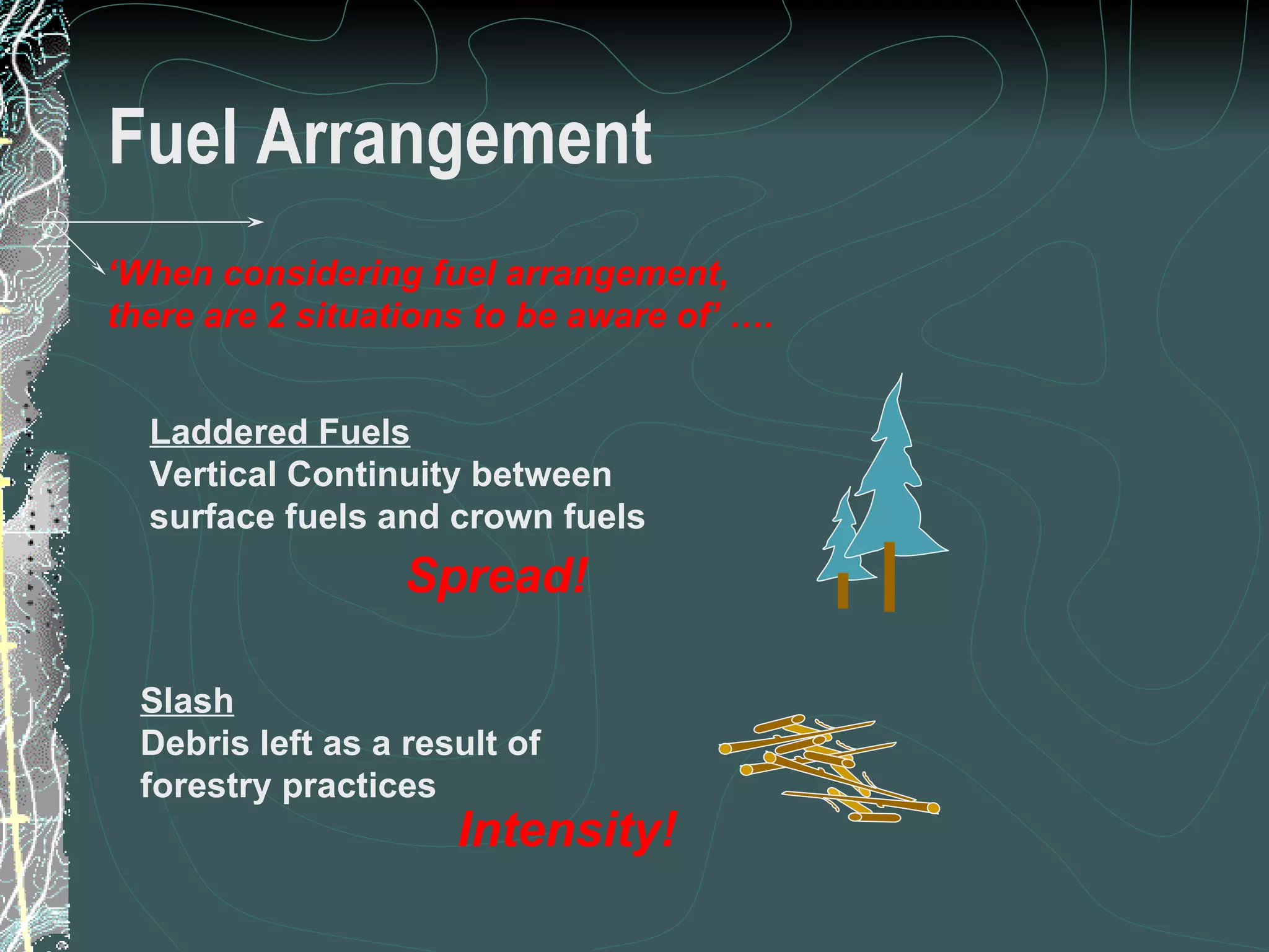 Fuel Arrangement ‘ When considering fuel arrangement,  there are 2 situations to be aware of’ …. Slash Debris left as a result of  forestry practices  Intensity! Laddered Fuels Vertical Continuity between surface fuels and crown fuels  Spread! 