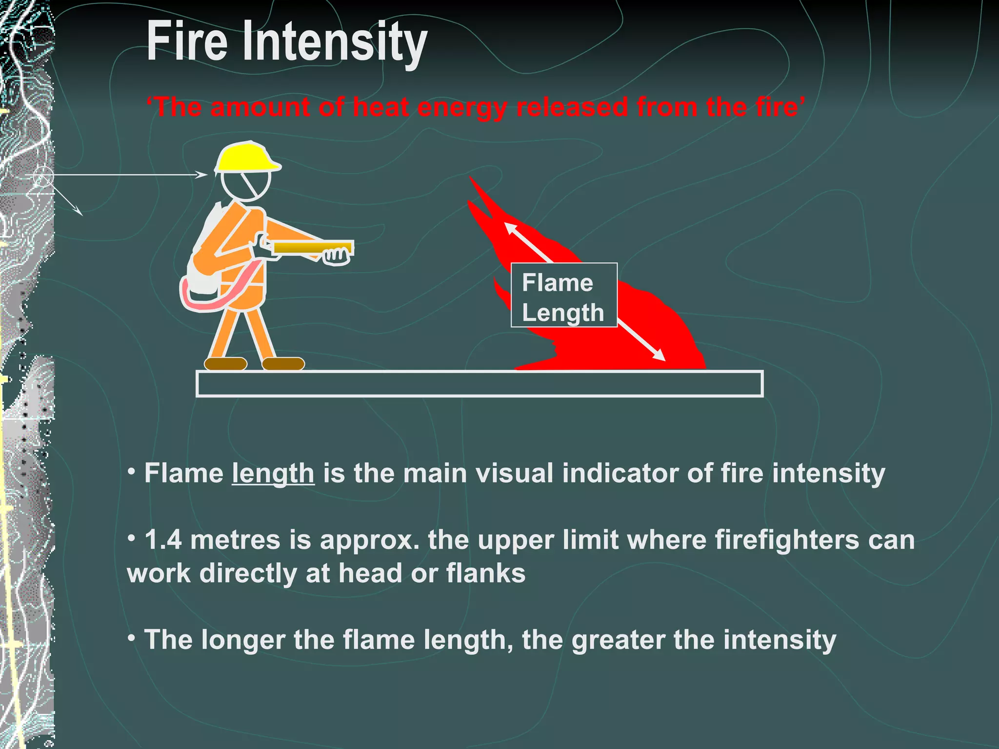 Fire Intensity Flame Length Flame  length  is the main visual indicator of fire intensity 1.4 metres is approx. the upper limit where firefighters can work directly at head or flanks The longer the flame length, the greater the intensity ‘ The amount of heat energy released from the fire’ 15 of 31 Low Complexity Prescribed Burn Worker 