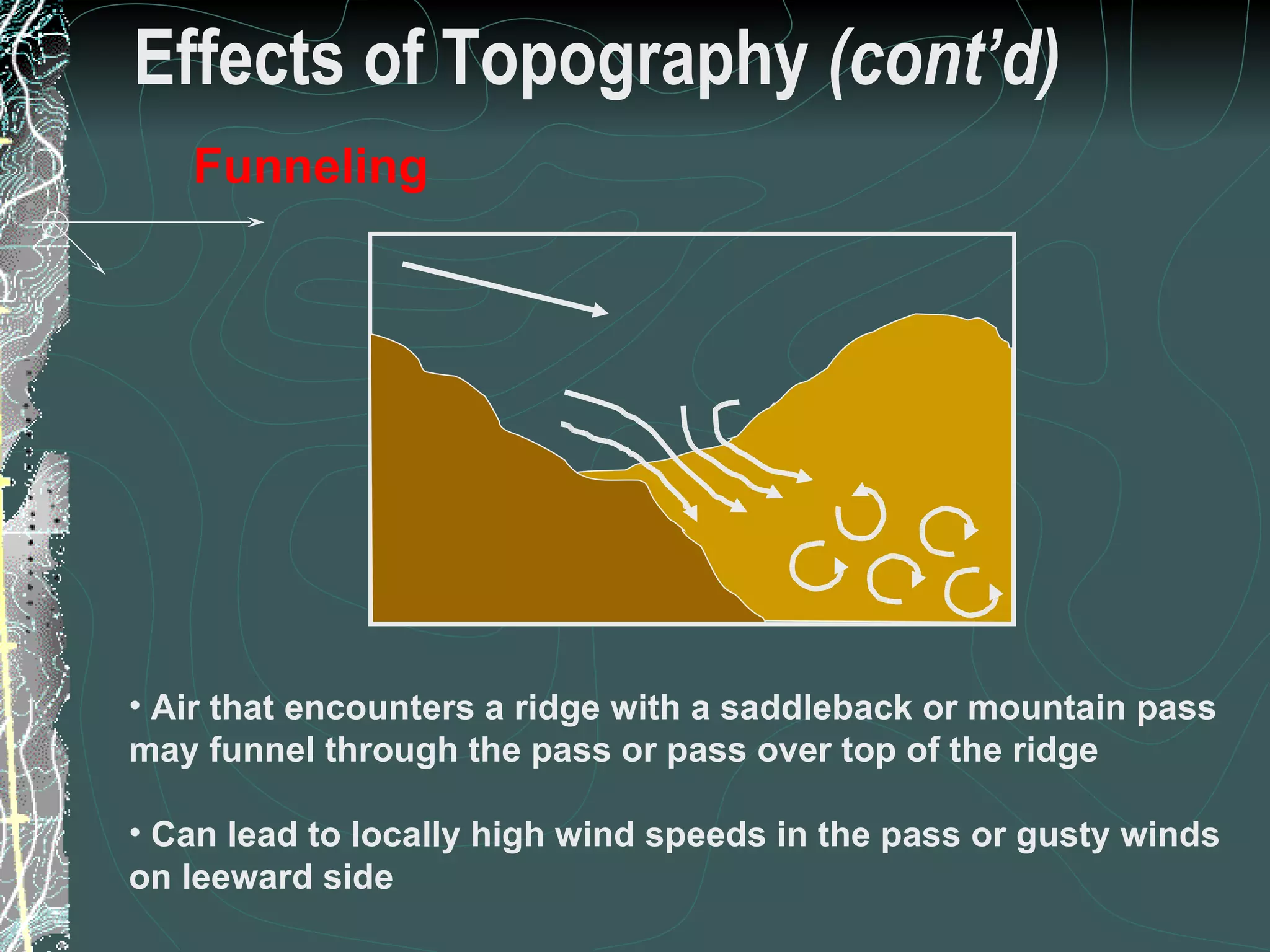 Effects of Topography  (cont’d) Funneling Air that encounters a ridge with a saddleback or mountain pass may funnel through the pass or pass over top of the ridge Can lead to locally high wind speeds in the pass or gusty winds on leeward side 27 of 31 Low Complexity Prescribed Burn Worker 