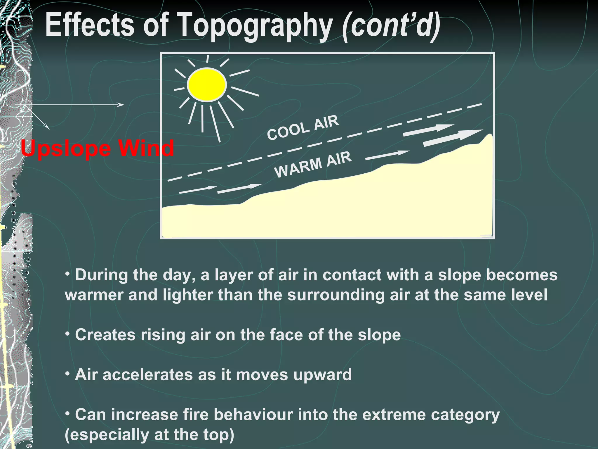 Effects of Topography  (cont’d) Upslope Wind COOL AIR WARM AIR During the day, a layer of air in contact with a slope becomes warmer and lighter than the surrounding air at the same level Creates rising air on the face of the slope Air accelerates as it moves upward Can increase fire behaviour into the extreme category (especially at the top) 28 of 31 Low Complexity Prescribed Burn Worker 