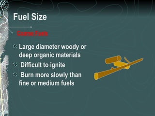 Fuel Size Large diameter woody or deep organic materials Difficult to ignite Burn more slowly than fine or medium fuels Coarse Fuels 