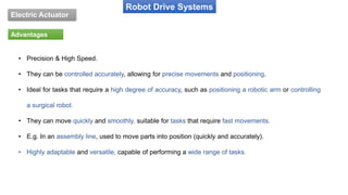 Robot Drive Systems
• Precision & High Speed.
• They can be controlled accurately, allowing for precise movements and positioning.
• Ideal for tasks that require a high degree of accuracy, such as positioning a robotic arm or controlling
a surgical robot.
• They can move quickly and smoothly, suitable for tasks that require fast movements.
• E.g. In an assembly line, used to move parts into position (quickly and accurately).
• Highly adaptable and versatile, capable of performing a wide range of tasks.
Advantages
Electric Actuator
 