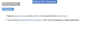 Robot Drive Systems
• Require a power source, such as a battery or a connection to the electrical grid.
• They can also generate heat during operation, which can be challenging in certain applications.
Limitations
Electric Actuator
 