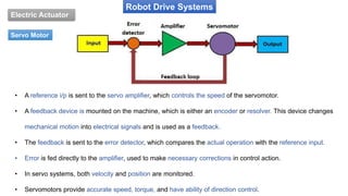 Robot Drive Systems
Electric Actuator
Servo Motor
• A reference i/p is sent to the servo amplifier, which controls the speed of the servomotor.
• A feedback device is mounted on the machine, which is either an encoder or resolver. This device changes
mechanical motion into electrical signals and is used as a feedback.
• The feedback is sent to the error detector, which compares the actual operation with the reference input.
• Error is fed directly to the amplifier, used to make necessary corrections in control action.
• In servo systems, both velocity and position are monitored.
• Servomotors provide accurate speed, torque, and have ability of direction control.
 