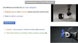 End effectors are divided into two major categories:
1. Grippers: to grasp and manipulate objects during the working cycle.
2. Tools: to perform a process.
Classification of End Effectors
1. Grippers: pick-and-place, material handling, and assembly
2. Tools: Spot welding, arc welding, drilling, grinding, painting, etc.
Applications
 