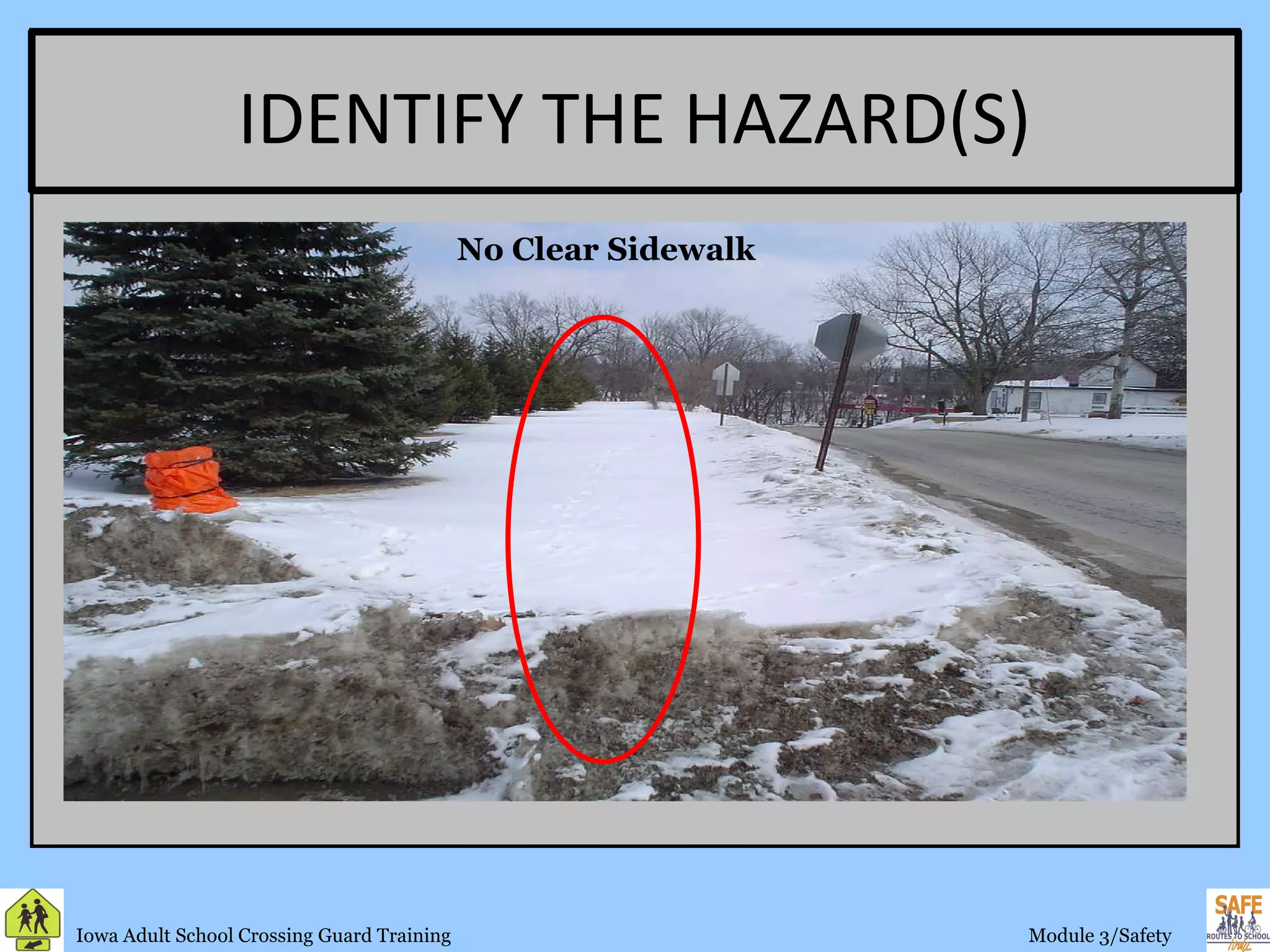 IDENTIFY THE HAZARD(S) No Clear Sidewalk 