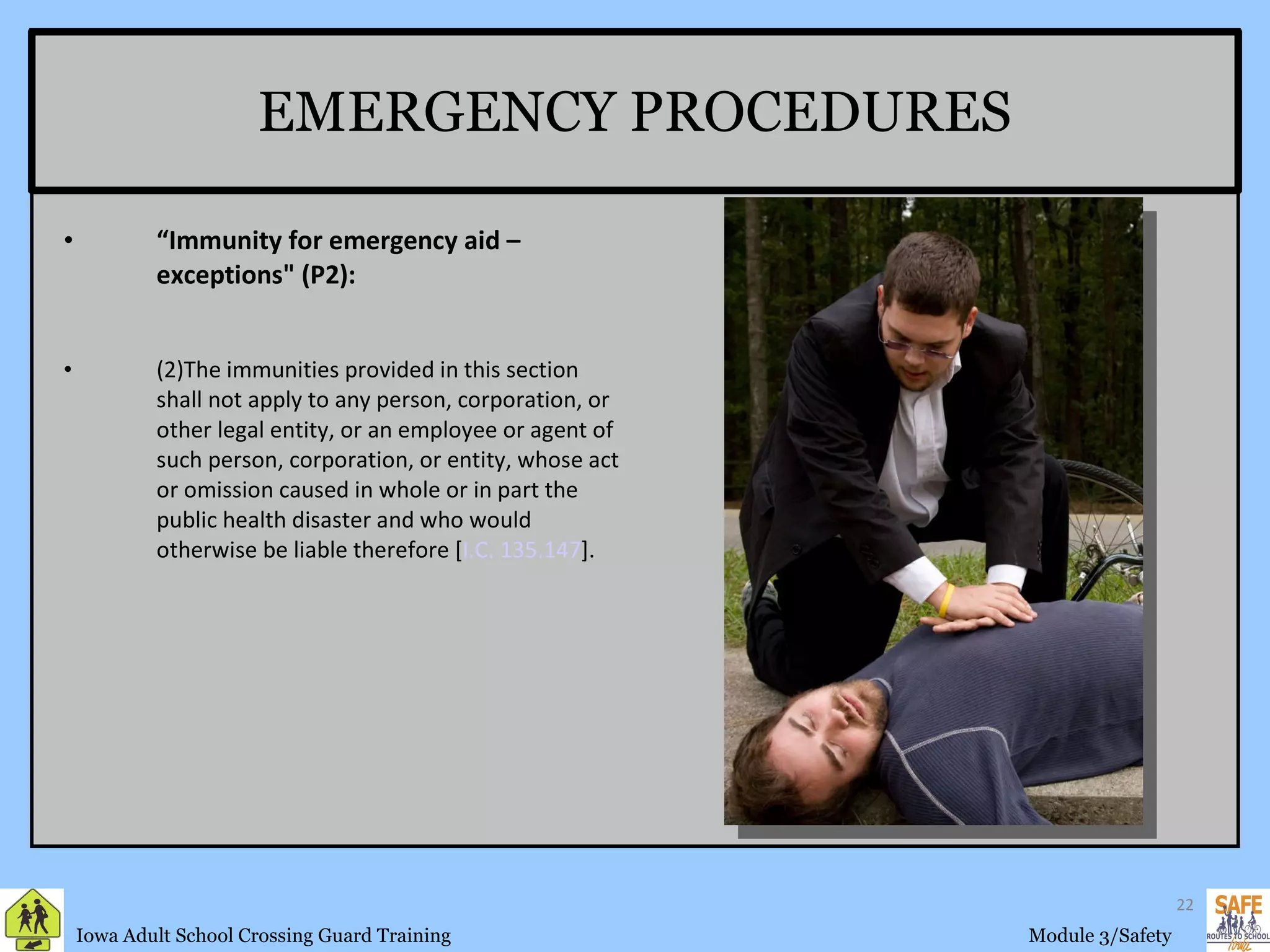 EMERGENCY PROCEDURES “ Immunity for emergency aid – exceptions" (P2): (2)The immunities provided in this section shall not apply to any person, corporation, or other legal entity, or an employee or agent of such person, corporation, or entity, whose act or omission caused in whole or in part the public health disaster and who would otherwise be liable therefore [ I.C. 135.147 ]. 
