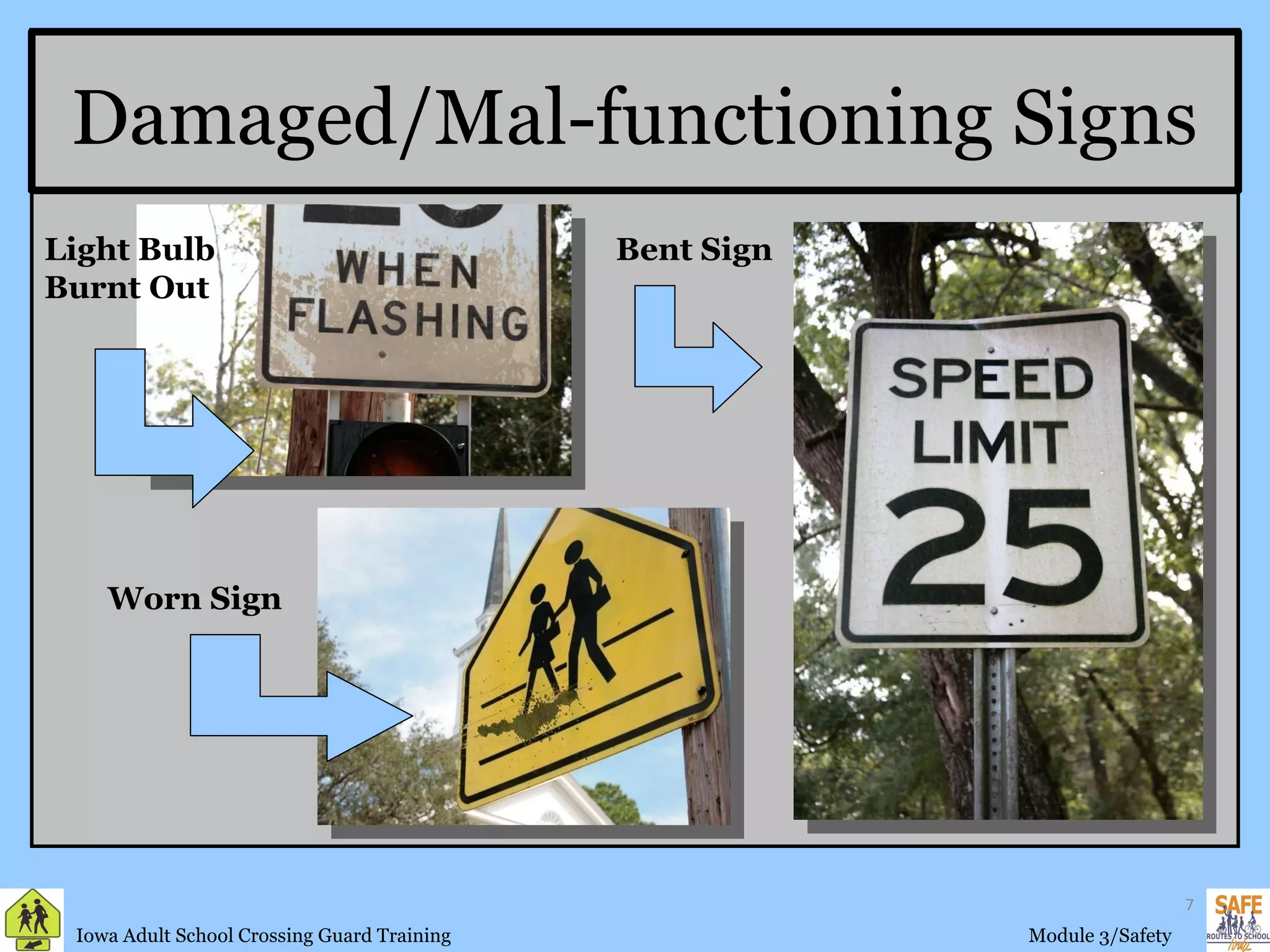 Damaged/Mal-functioning Signs Light Bulb Burnt Out Bent Sign Worn Sign 