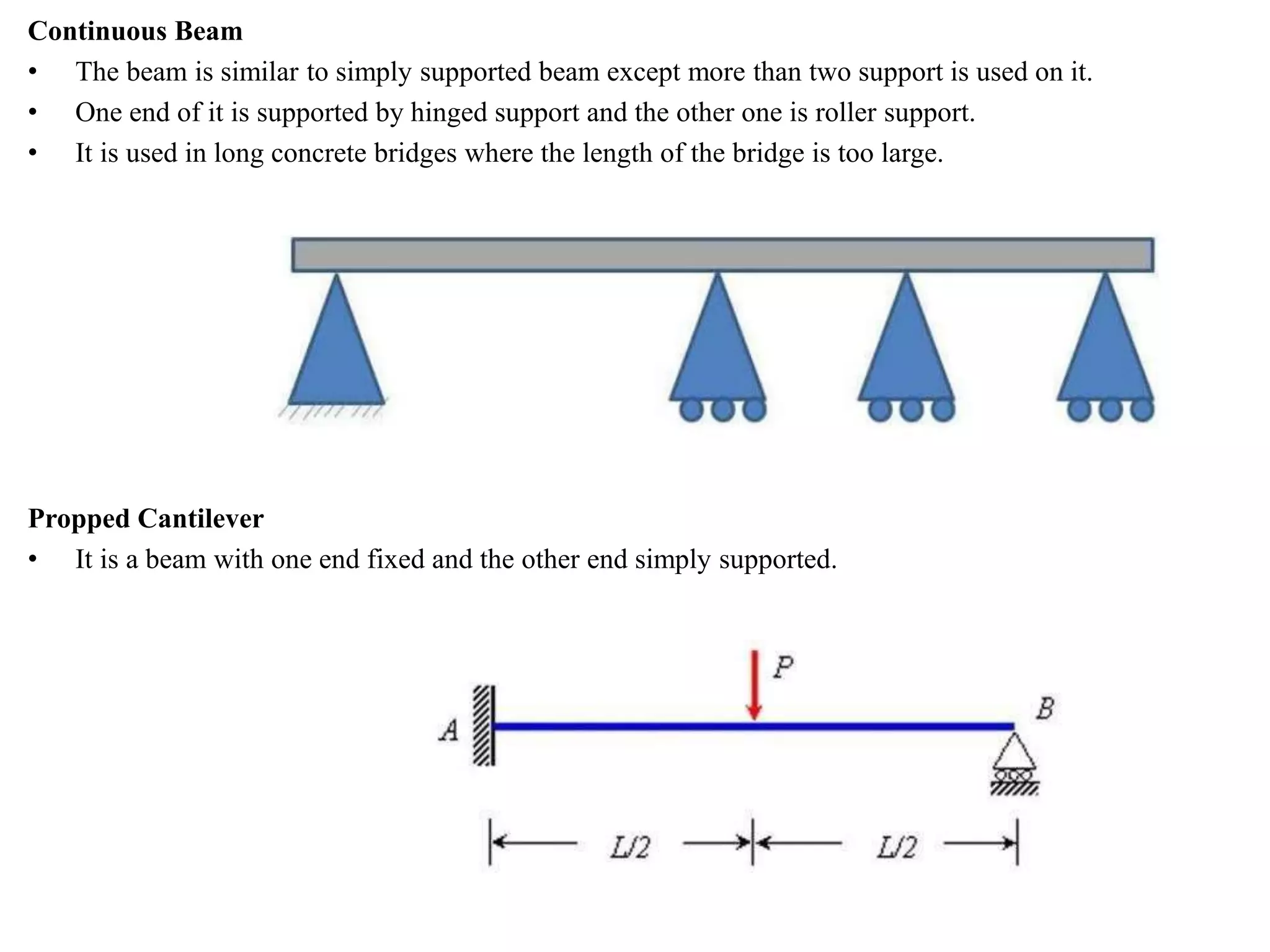 Continuous Beam
• The beam is similar to simply supported beam except more than two support is used on it.
• One end of it is supported by hinged support and the other one is roller support.
• It is used in long concrete bridges where the length of the bridge is too large.
Propped Cantilever
• It is a beam with one end fixed and the other end simply supported.
 