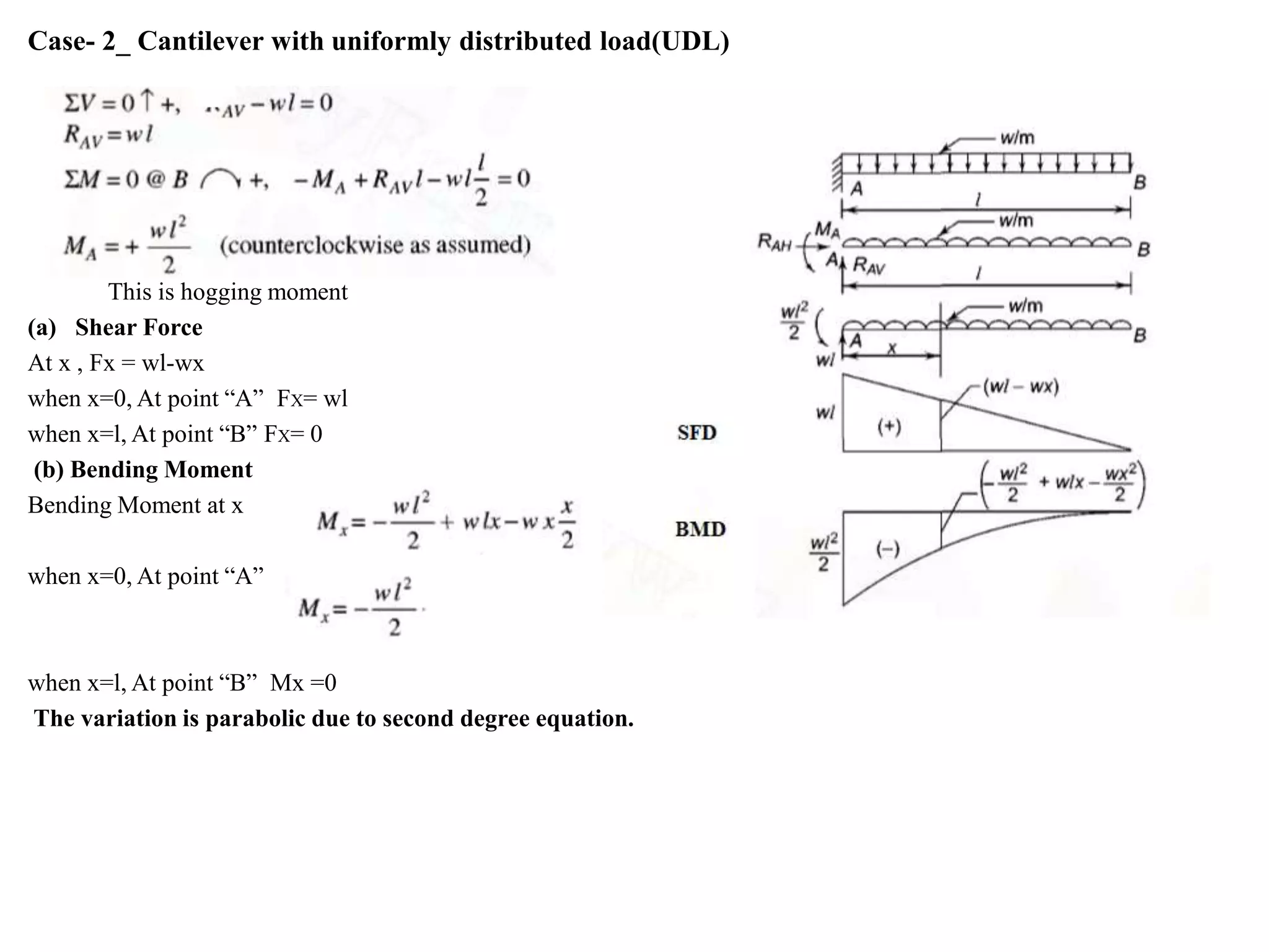 Case- 2_ Cantilever with uniformly distributed load(UDL)
This is hogging moment
(a) Shear Force
At x , Fx = wl-wx
when x=0, At point “A” FX= wl
when x=l, At point “B” FX= 0
(b) Bending Moment
Bending Moment at x
when x=0, At point “A”
when x=l, At point “B” Mx =0
The variation is parabolic due to second degree equation.
 