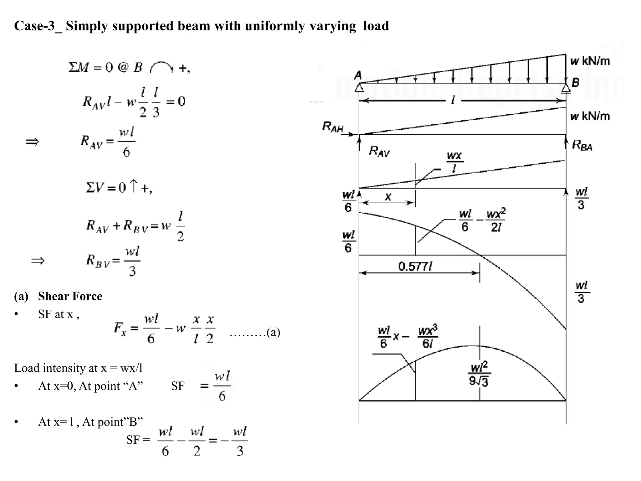 Case-3_ Simply supported beam with uniformly varying load
(a) Shear Force
• SF at x ,
………(a)
Load intensity at x = wx/l
• At x=0, At point “A” SF
• At x= l , At point”B”
SF =
 