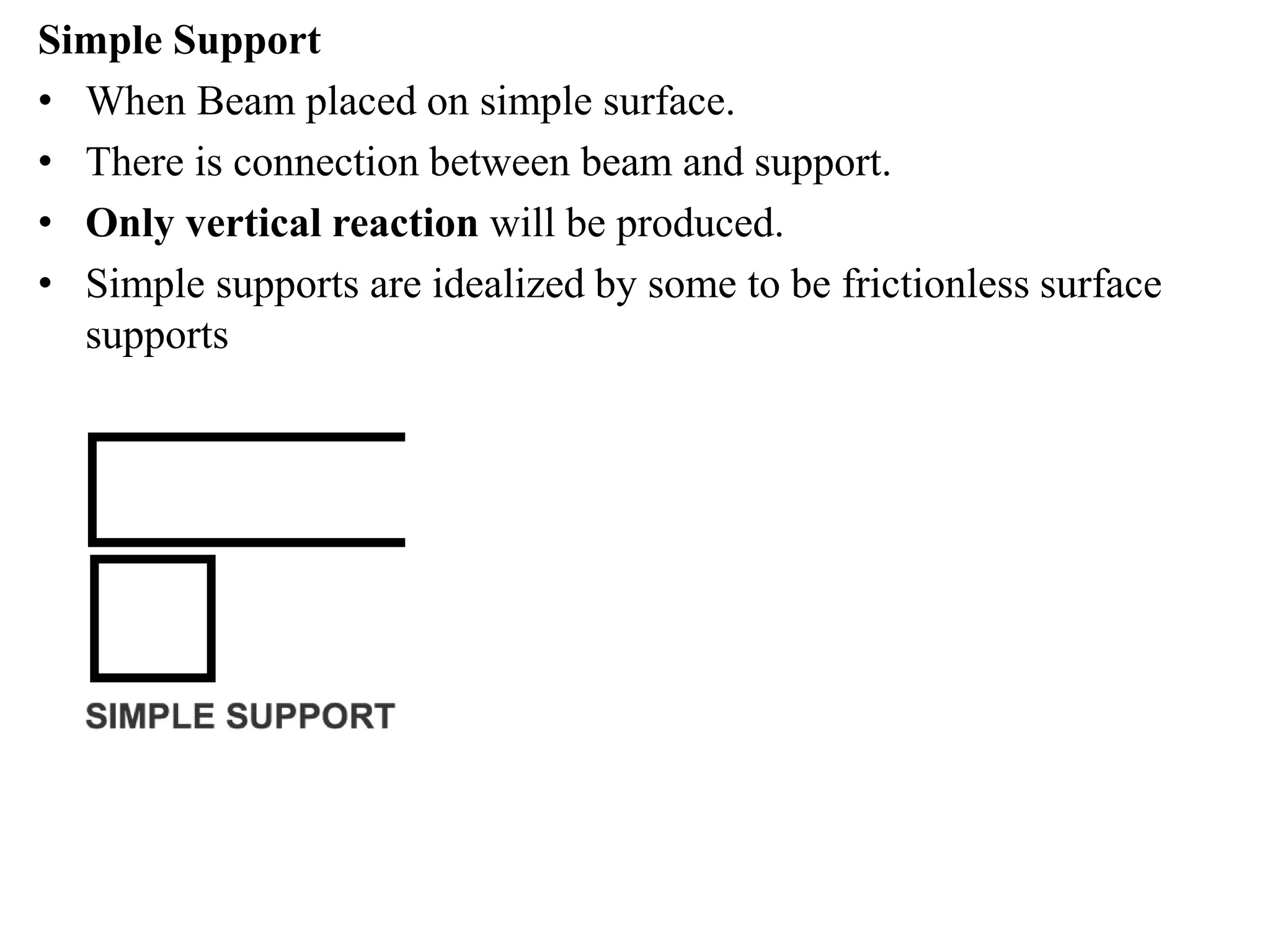 Simple Support
• When Beam placed on simple surface.
• There is connection between beam and support.
• Only vertical reaction will be produced.
• Simple supports are idealized by some to be frictionless surface
supports
 