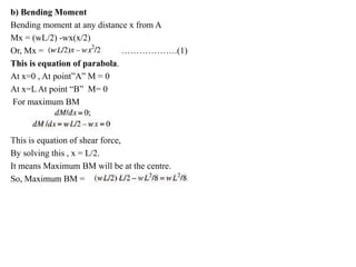 b) Bending Moment
Bending moment at any distance x from A
Mx = (wL/2) -wx(x/2)
Or, Mx = ……………….(1)
This is equation of parabola.
At x=0 , At point”A” M = 0
At x=L At point “B” M= 0
For maximum BM
This is equation of shear force,
By solving this , x = L/2.
It means Maximum BM will be at the centre.
So, Maximum BM =
 