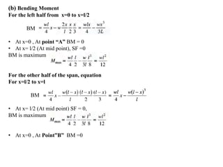 (b) Bending Moment
For the left half from x=0 to x=l/2
BM
• At x=0 , At point “A” BM = 0
• At x= l/2 (At mid point), SF =0
BM is maximum
For the other half of the span, equation
For x=l/2 to x=l
BM
• At x= l/2 (At mid point) SF = 0,
BM is maximum
• At x=0 , At Point”B” BM =0
 