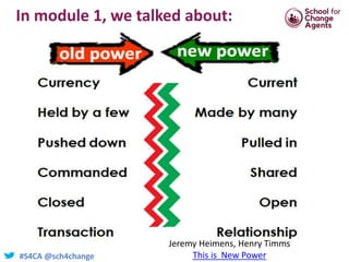 #S4CA @sch4change
In module 1, we talked about:
Jeremy Heimens, Henry Timms
This is New Power
 