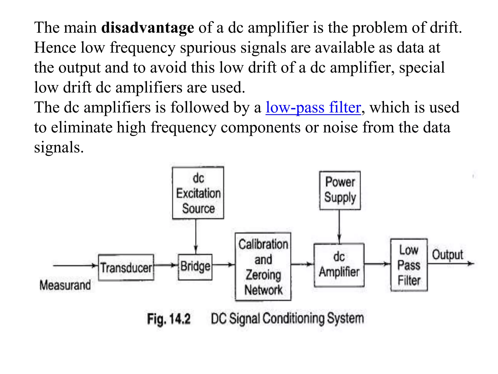 The main disadvantage of a dc amplifier is the problem of drift.
Hence low frequency spurious signals are available as data at
the output and to avoid this low drift of a dc amplifier, special
low drift dc amplifiers are used.
The dc amplifiers is followed by a low-pass filter, which is used
to eliminate high frequency components or noise from the data
signals.
 