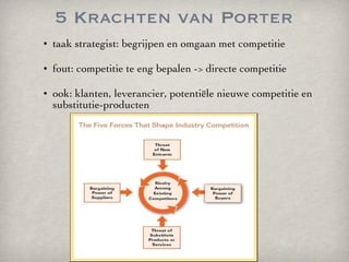 5 Krachten van Porter <ul><li>taak strategist: begrijpen en omgaan met competitie </li></ul><ul><li>fout: competitie te en...