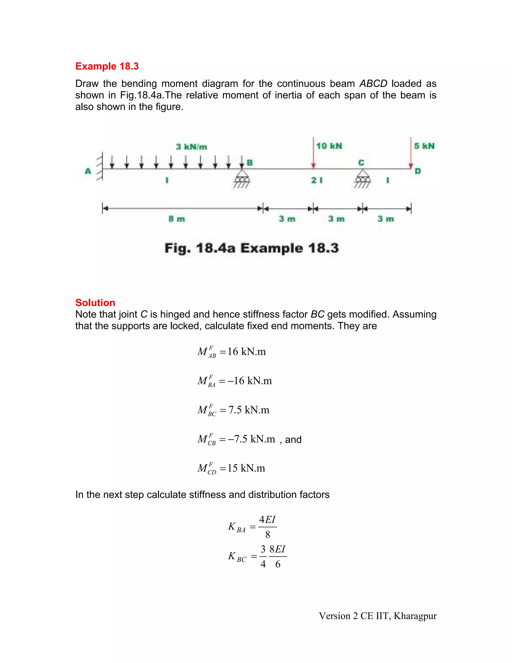 Example 18.3
Draw the bending moment diagram for the continuous beam ABCD loaded as
shown in Fig.18.4a.The relative moment of inertia of each span of the beam is
also shown in the figure.
Solution
Note that joint C is hinged and hence stiffness factor BC gets modified. Assuming
that the supports are locked, calculate fixed end moments. They are
16 kN.mF
ABM =
16 kN.mF
BAM = −
7.5 kN.mF
BCM =
7.5 kN.mF
CBM = − , and
15 kN.mF
CDM =
In the next step calculate stiffness and distribution factors
8
4EI
KBA =
6
8
4
3 EI
K BC =
Version 2 CE IIT, Kharagpur
 