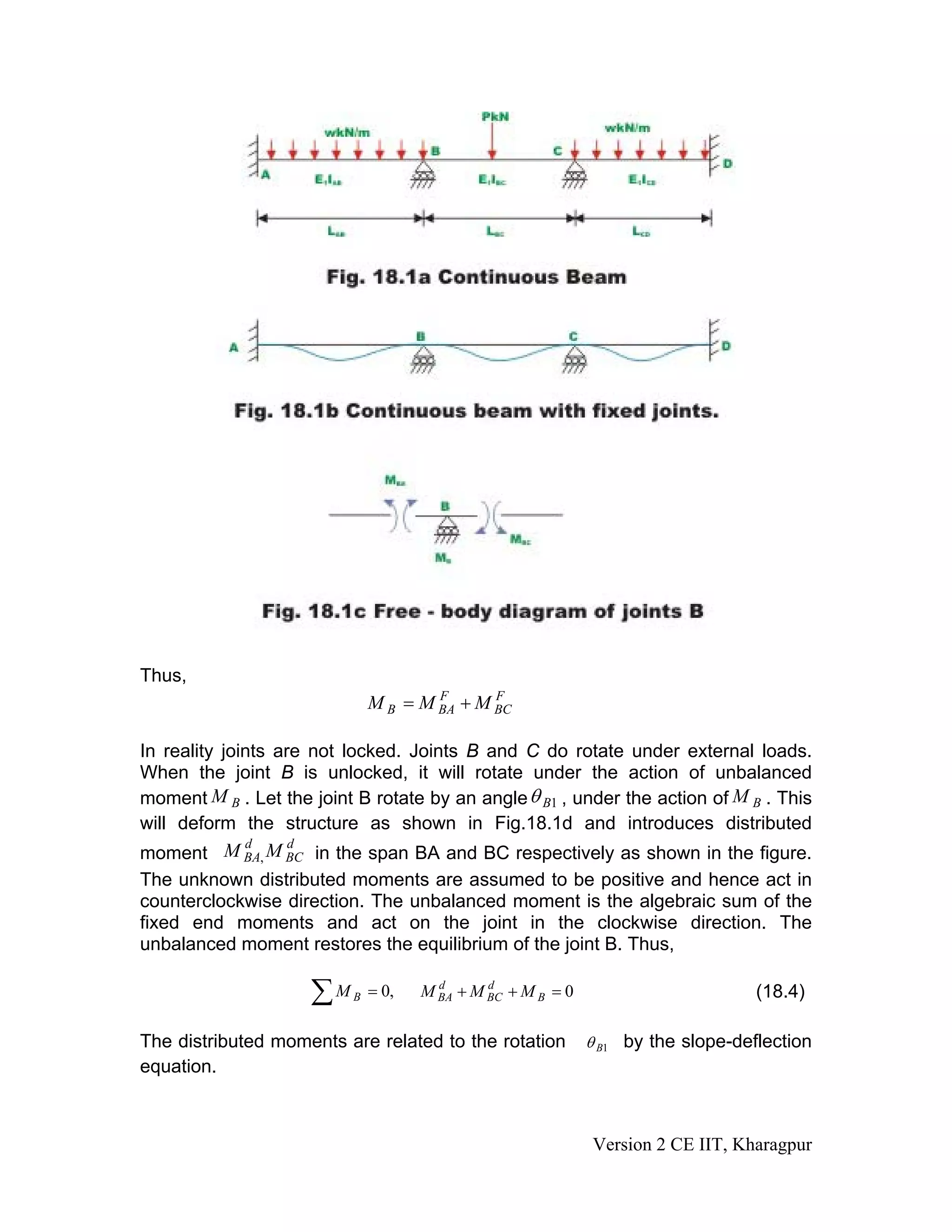 Thus,
F
BC
F
BAB MMM +=
In reality joints are not locked. Joints B and C do rotate under external loads.
When the joint B is unlocked, it will rotate under the action of unbalanced
moment . Let the joint B rotate by an angleBM 1Bθ , under the action of . This
will deform the structure as shown in Fig.18.1d and introduces distributed
moment in the span BA and BC respectively as shown in the figure.
The unknown distributed moments are assumed to be positive and hence act in
counterclockwise direction. The unbalanced moment is the algebraic sum of the
fixed end moments and act on the joint in the clockwise direction. The
unbalanced moment restores the equilibrium of the joint B. Thus,
BM
d
BC
d
BA MM ,
,0=∑ BM (18.4)0=++ B
d
BC
d
BA MMM
The distributed moments are related to the rotation 1Bθ by the slope-deflection
equation.
Version 2 CE IIT, Kharagpur
 