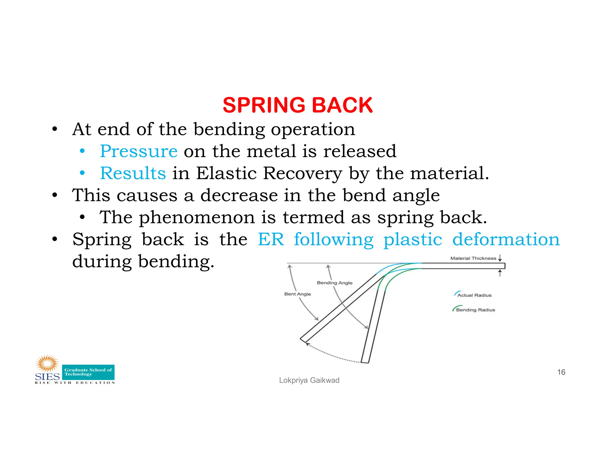 SPRING BACK
• At end of the bending operation
• Pressure on the metal is released
• Results in Elastic Recovery by the material.
• This causes a decrease in the bend angle
• The phenomenon is termed as spring back.
• Spring back is the ER following plastic deformation
Lokpriya Gaikwad
16
• Spring back is the ER following plastic deformation
during bending.
 