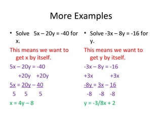 More Examples Solve  5x – 20y = -40 for x. This means we want to get x by itself. 5x – 20y = -40 +20y  +20y 5x  =  20y  –  40 5  5  5 x = 4y – 8  Solve -3x – 8y = -16 for y. This means we want to get y by itself. -3x – 8y = -16 +3x  +3x -8y  =  3x  –  16 -8  -8  -8 y = -3/8x + 2 