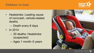 Children: In Cars
• Heatstroke: Leading cause
of noncrash, vehicle-related
deaths
– Death every 8 days
• In 2014
– 30 deaths: Heatstroke
(suspected)
– Ages 1 month–5 years
 