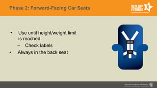 Phase 2: Forward-Facing Car Seats
• Use until height/weight limit
is reached
– Check labels
• Always in the back seat
 